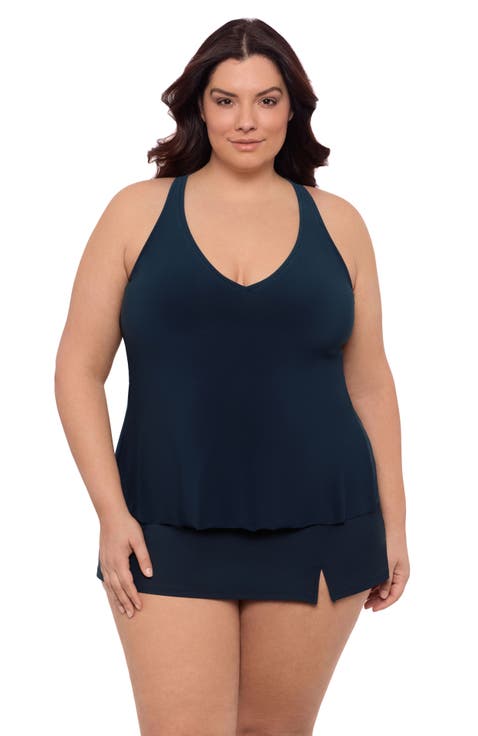 Plus Size V-Neck Full Coverage Ladder Trim Racerback Tankini Swimsuit Top