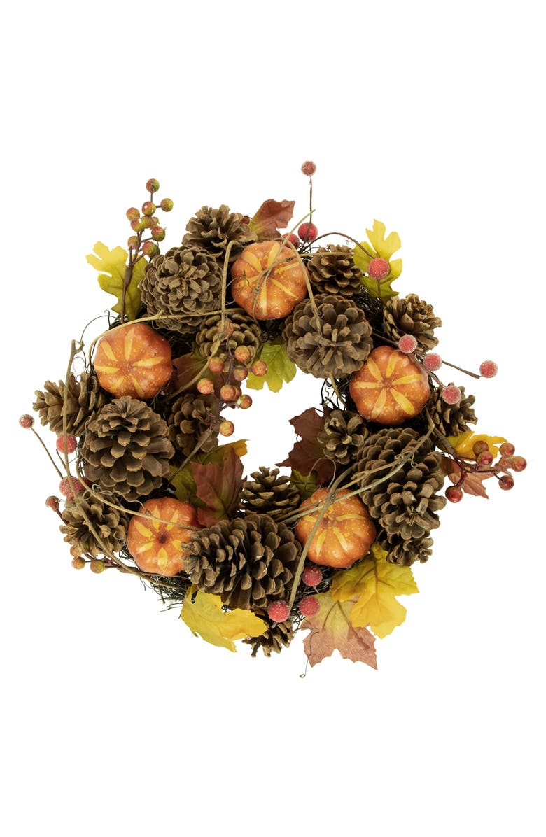 Northlight Pinecones, Pumpkins and Frosted Berries Artificial Fall Harvest Wreath - 14", Main, color, Brown
