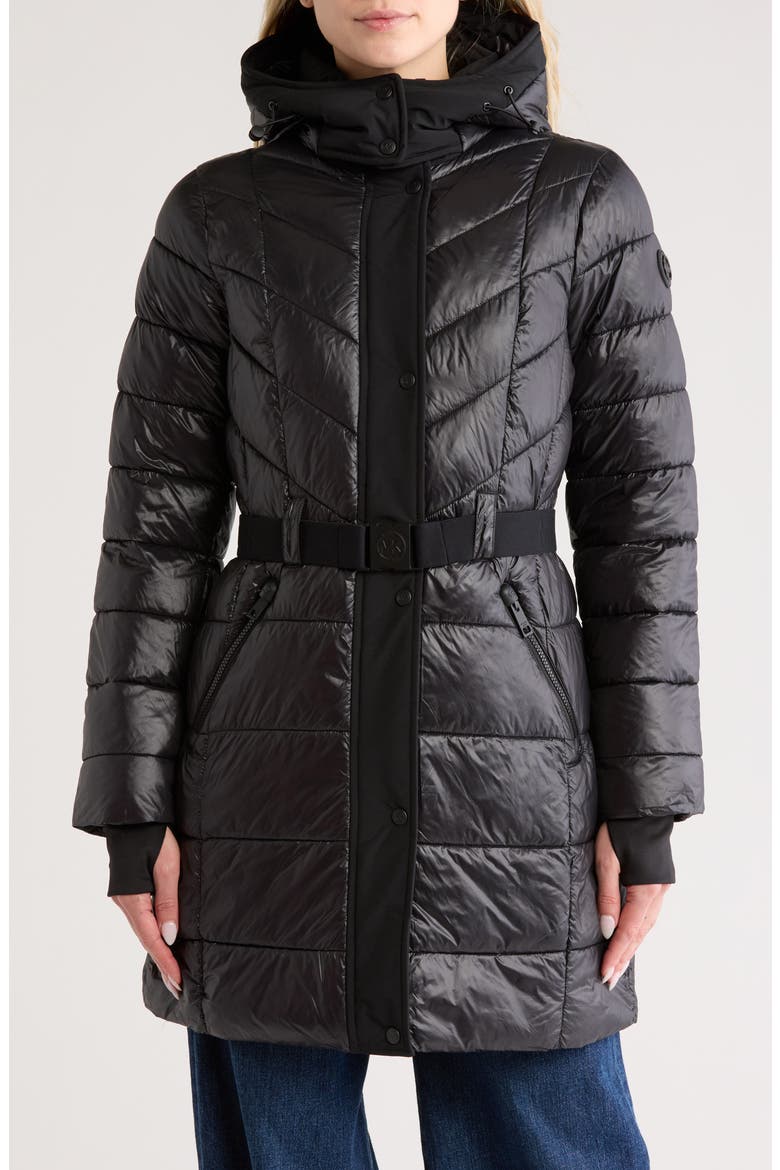 Hooded Belted Long Puffer Jacket, Main, color, BLACK