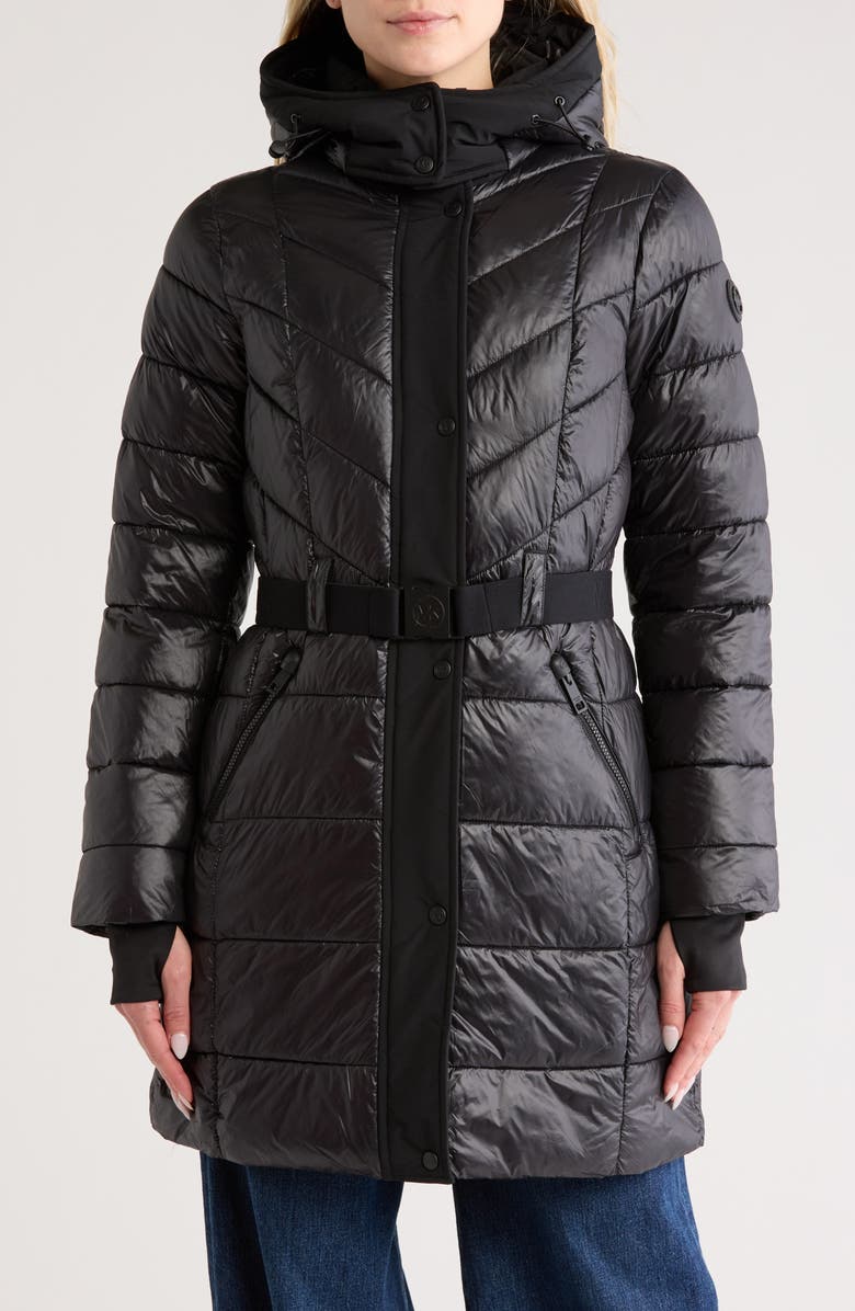 Michael Kors Hooded Belted Long Puffer Jacket, Main, color,