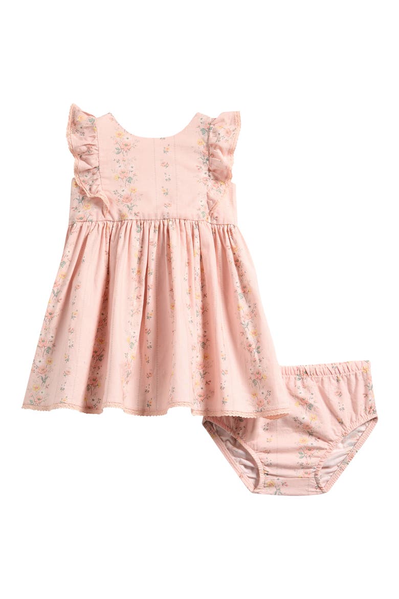Floral Lace Trim Ruffle Organic Cotton & Linen Dress with Bloomers, Main, color, PINK FLORAL