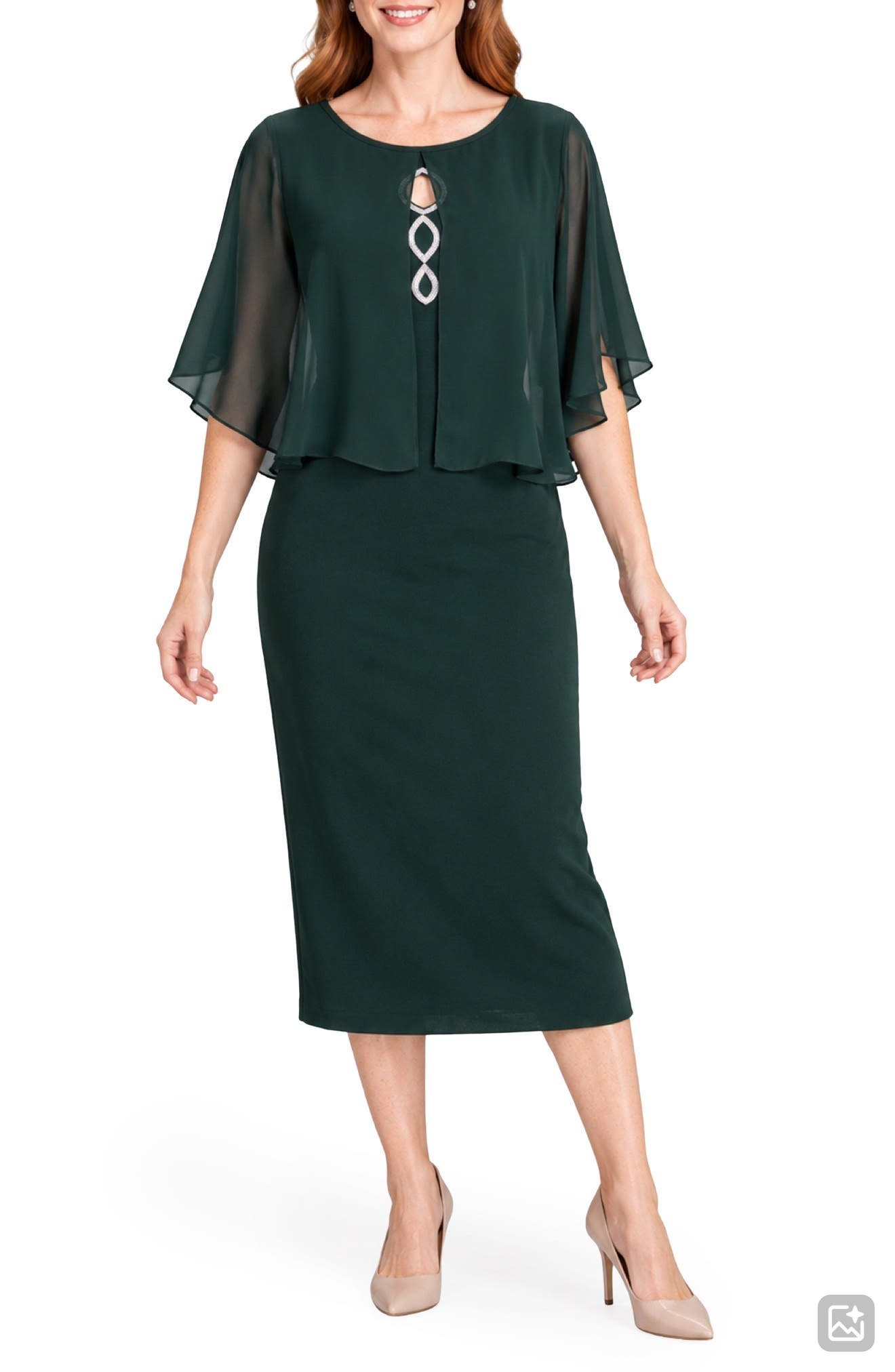 Rhinestone Bodice Dress with Chiffon Cape