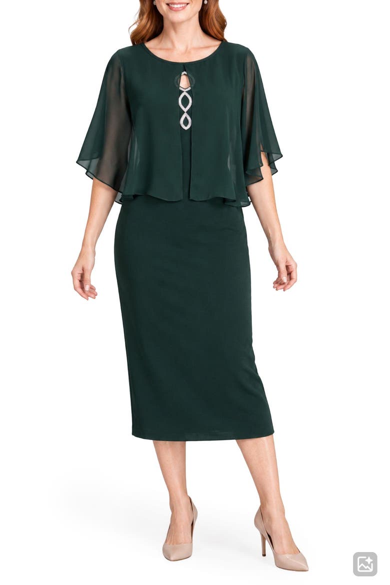 Rhinestone Bodice Dress with Chiffon Cape, Main, color, HUNTER