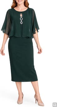 Connected Apparel Rhinestone Bodice Dress with Chiffon Cape
