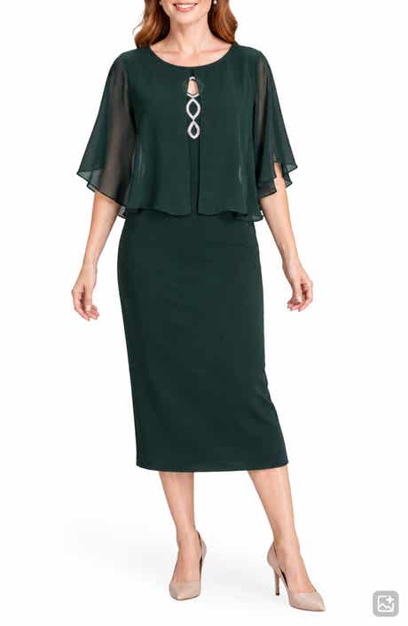 Rhinestone Bodice Dress with Chiffon Cape
