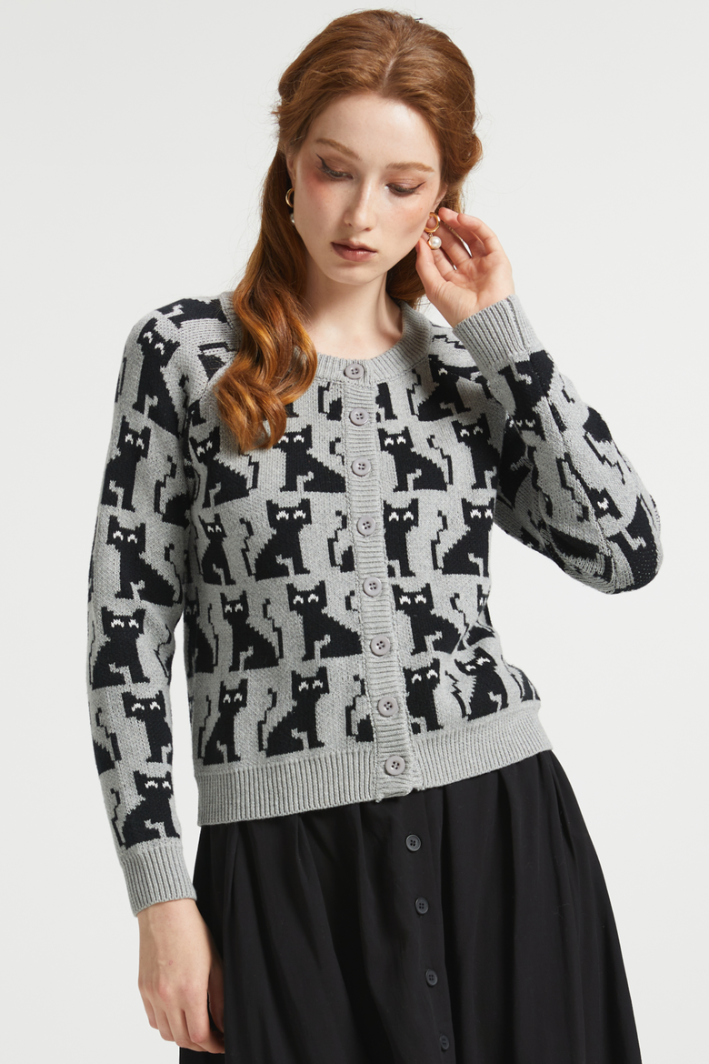 Notes of Nostalgia Crewneck Cat Cardigan, Alternate, color, Cozy Clouds