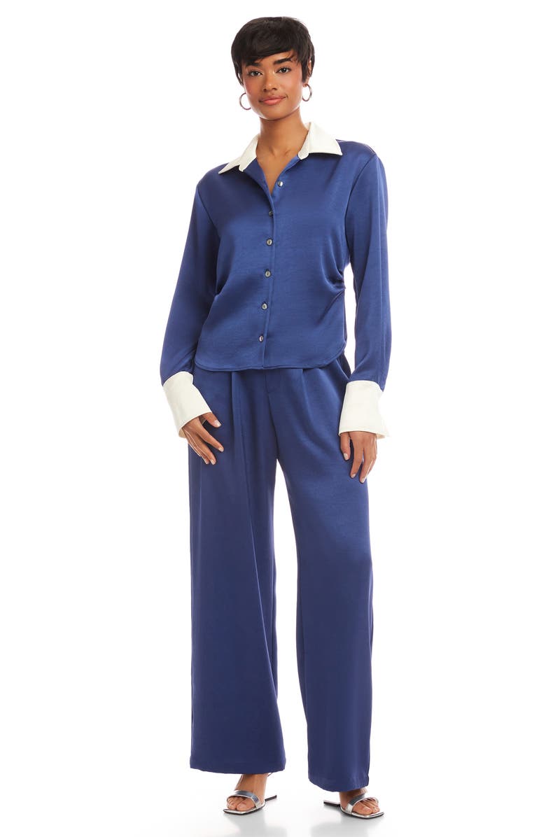 FIFTEEN TWENTY Tawnie Contrast Trim Satin Button-Up Shirt, Alternate, color, Deep Blue