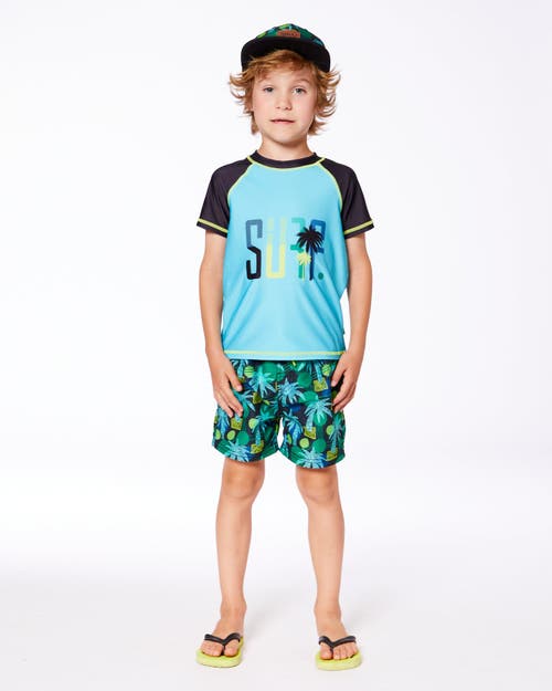 DEUX PAR DEUX DEUX PAR DEUX LITTLE BOY'S SHORT SLEEVE RASHGUARD BLACK AND TURQUOISE 