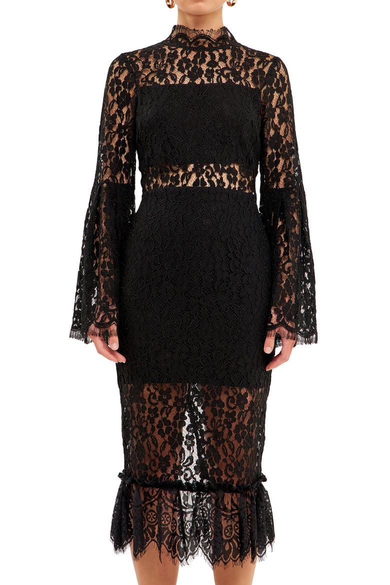 Long Sleeve Lace Midi Dress, Alternate, color, BLACK