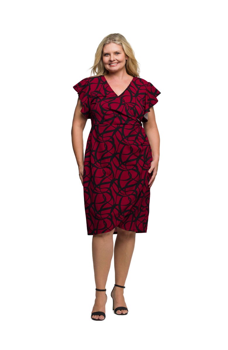 24seven Comfort Apparel Print Flutter Sleeve Faux Wrap Dress, Main, color, Red Multi
