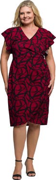 24seven Comfort Apparel Print Flutter Sleeve Faux Wrap Dress