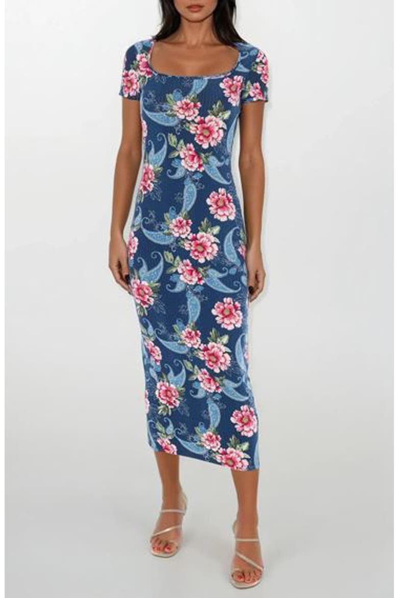 Square Neck Midi Dress, Main, color, NAVY FUCHSIA FLORAL