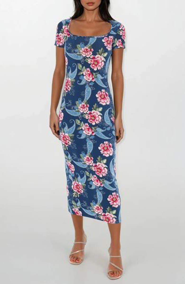 bebe Square Neck Midi Dress, Main, color, Navy Fuchsia Floral