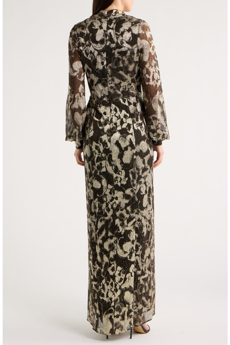 V-Neck Crinkle Metallic Floral Dress, Alternate, color, BROWN/ GOLD