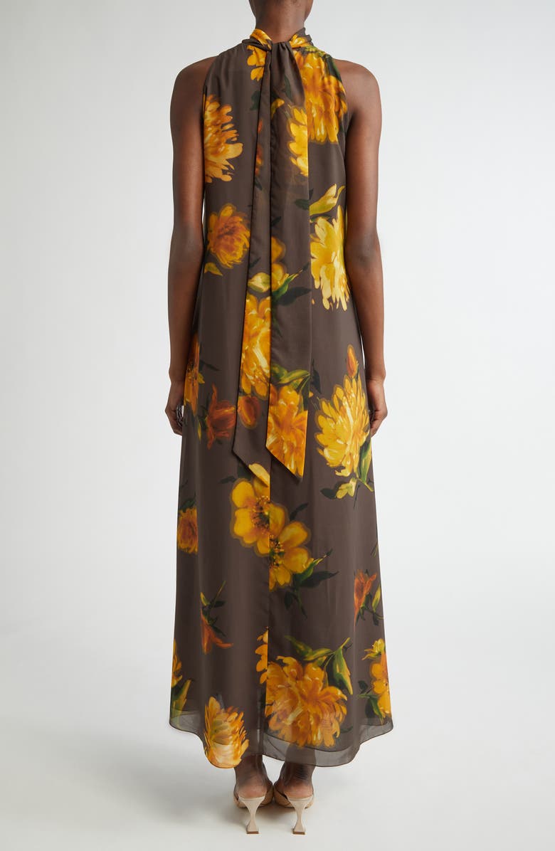Lela Rose Floral Print Tie Neck Sleeveless Chiffon Maxi Dress, Alternate, color, Chocolate Multi