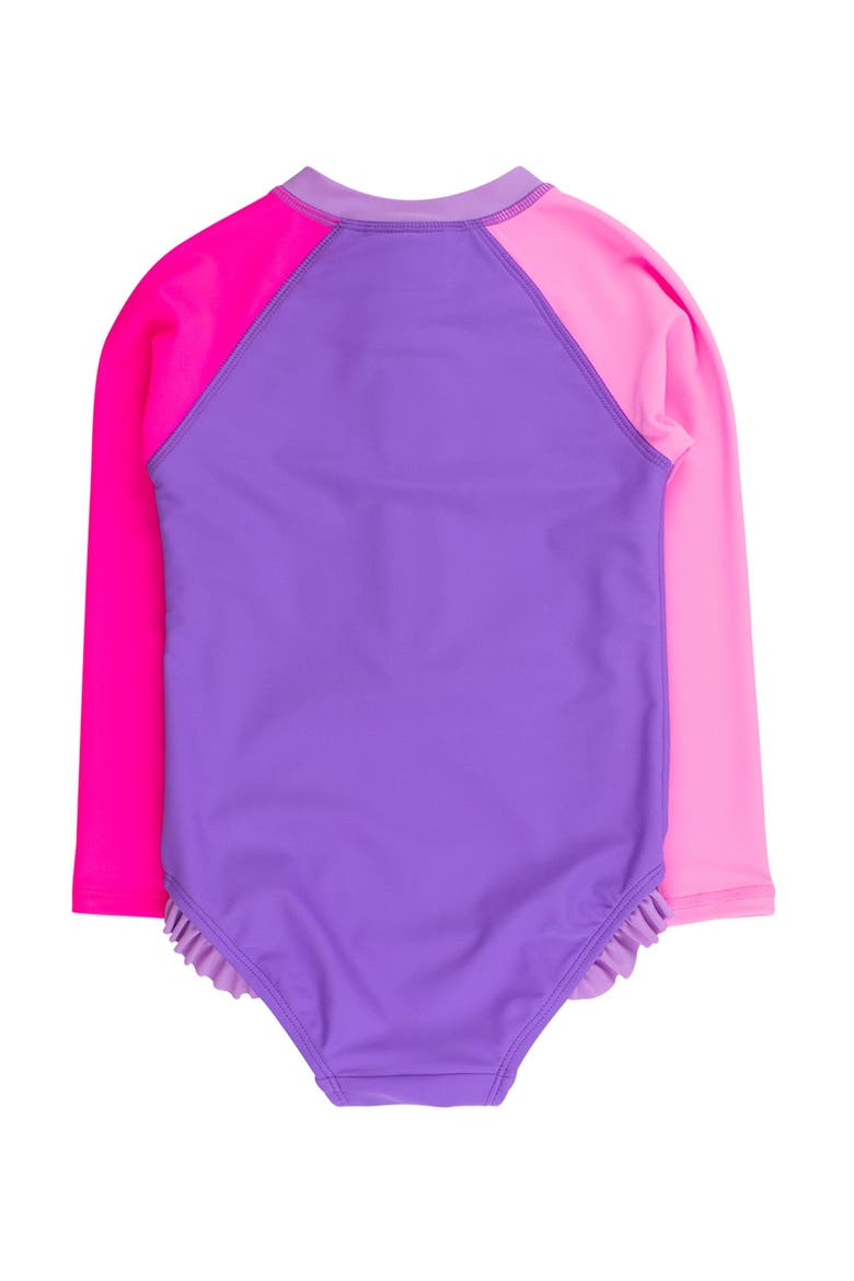 Girls Upf50+ Sun Protection Long Sleeve Rash Guard One Piece, Alternate, color, Neon Purple Color Block