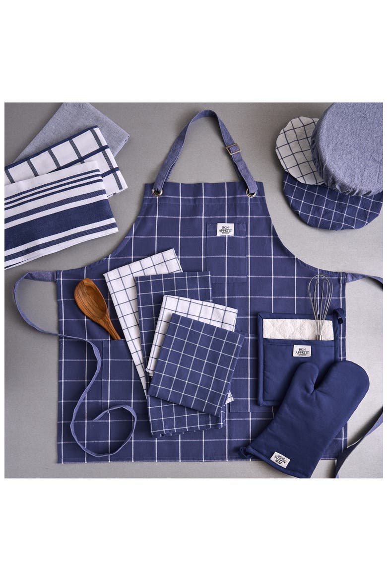 Windowpane Print Cotton Apron, Alternate, color, BLUE