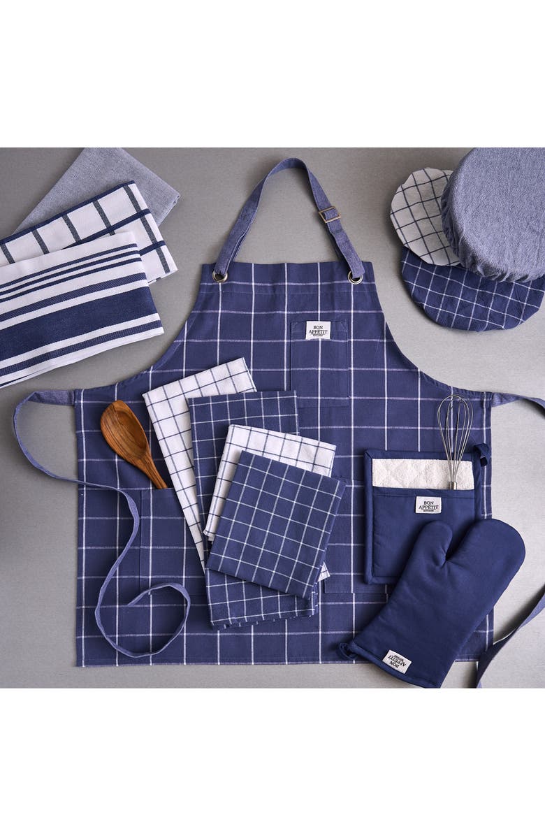 Design Imports Windowpane Print Cotton Apron, Alternate, color, Blue