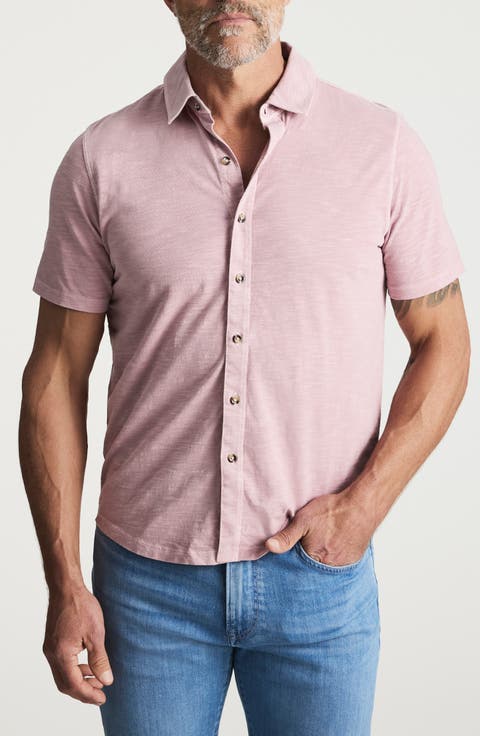 Short Sleeve Slub Cotton Jersey Button-Up Shirt