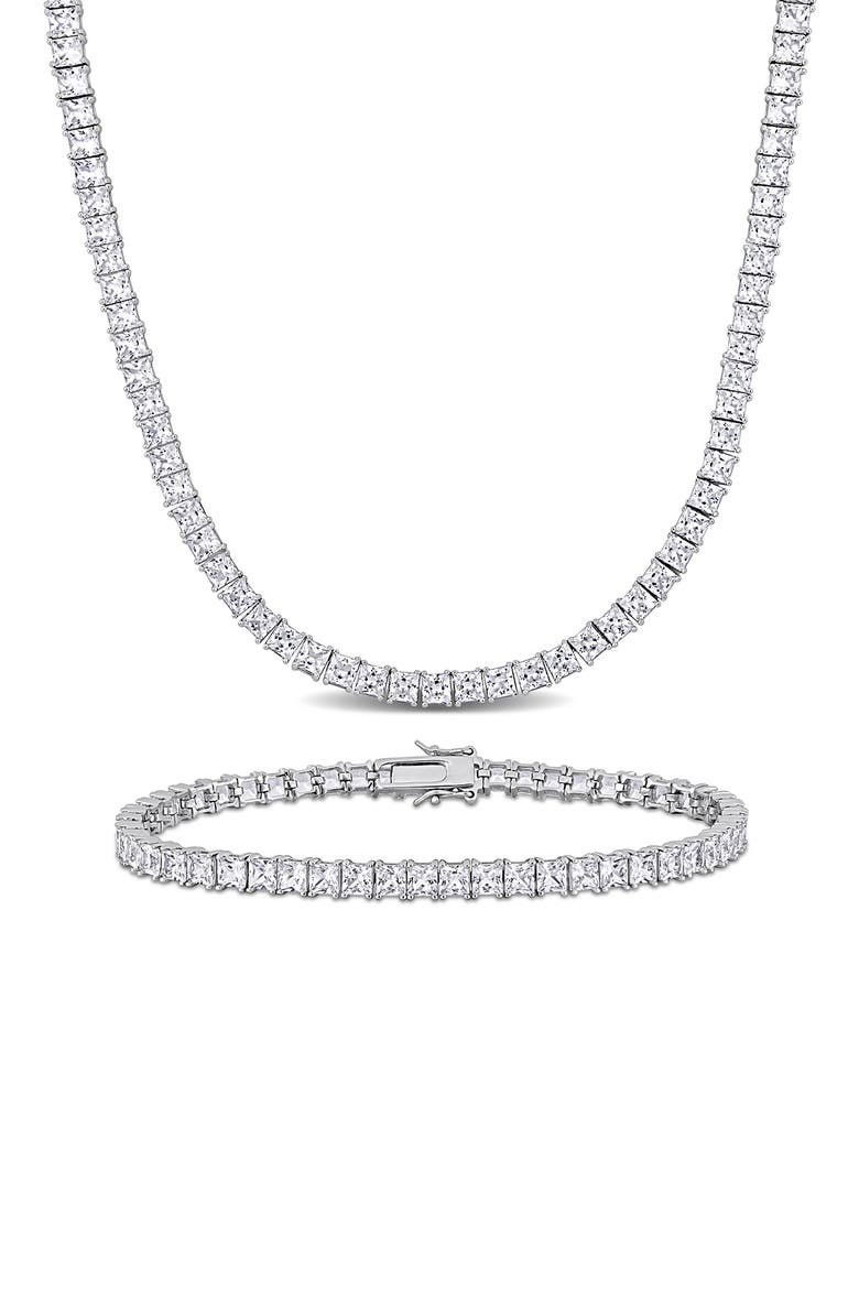 Men's Sterling Silver Lab Created Sapphire Necklace & Bracelet Set, Main, color, WHITE