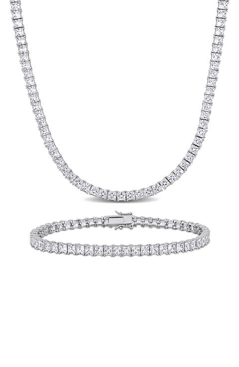 Men's Sterling Silver Lab Created Sapphire Necklace & Bracelet Set