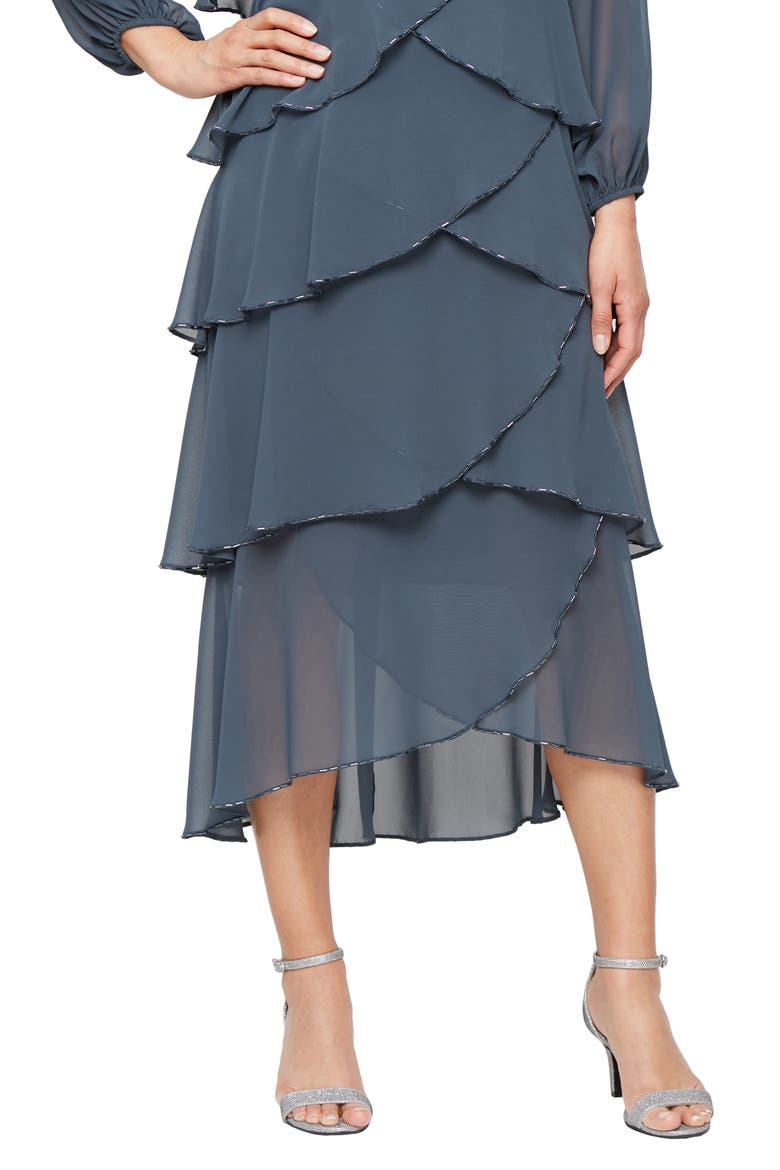 Beaded Long Sleeve Tiered Cocktail Dress, Alternate, color, SLATE