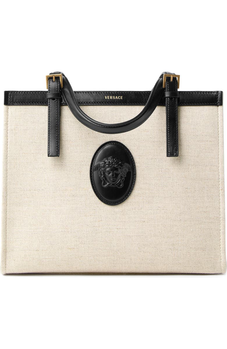 Versace Small Rivière Canvas Tote, Main, color, Beige Black Gold