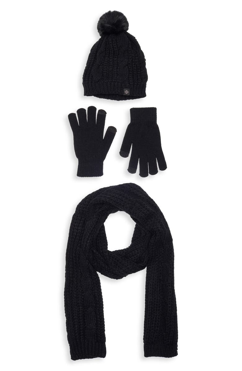 Nanette Lepore 3-Piece Cable Stitch Scarf, Beanie & Gloves Set, Main, color, Black