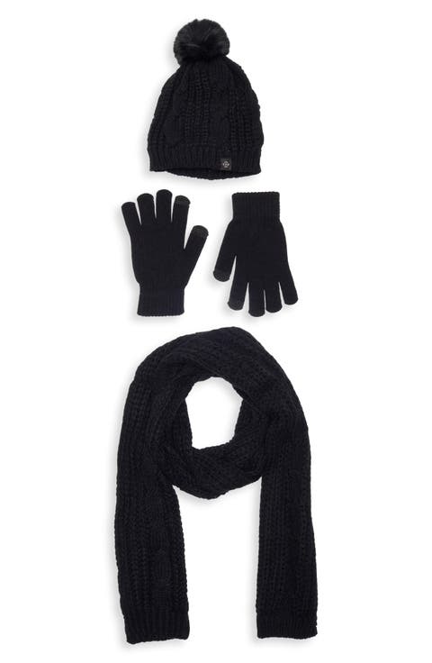 3-Piece Cable Stitch Scarf, Beanie & Gloves Set