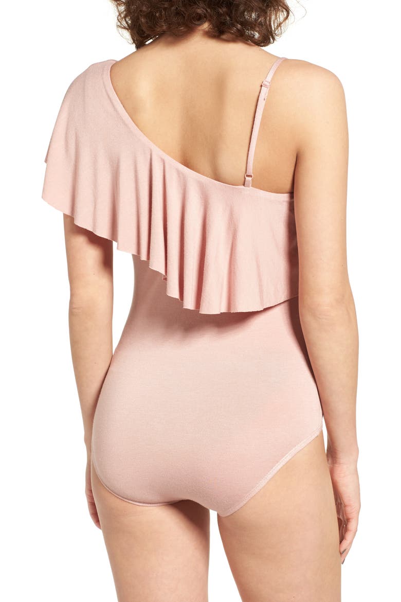 Ruffle One-Shoulder Bodysuit, Alternate, color, DUSTY PINK