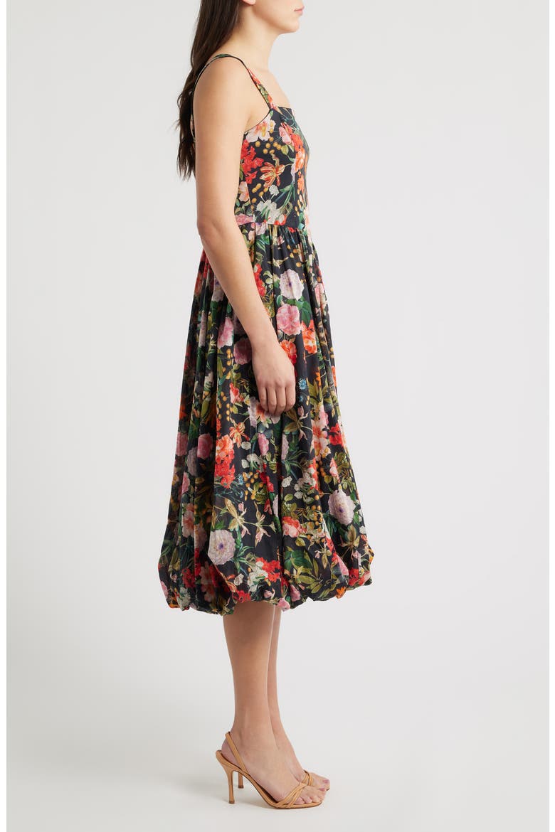 Floral Basque Waist Fit & Flare Midi Dress, Alternate, color, BLACK MULTI