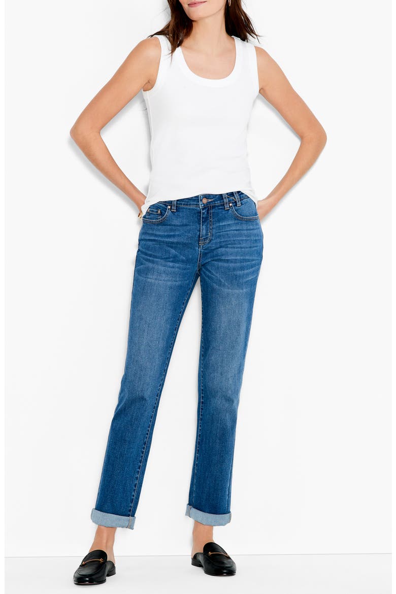 Cuffed High Waist Straight Leg Girlfriend Jeans, Alternate, color, ATLANTIC