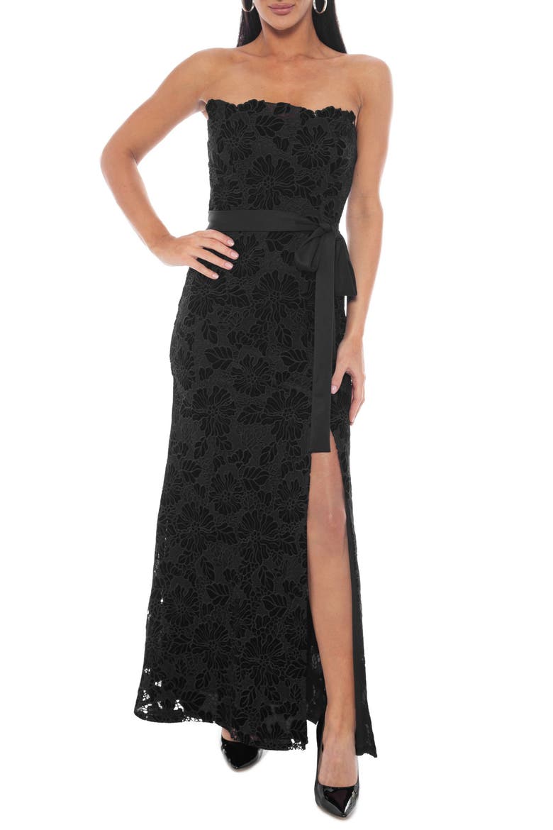 Embroidered Floral Lace Strapless Gown, Main, color, BLACK