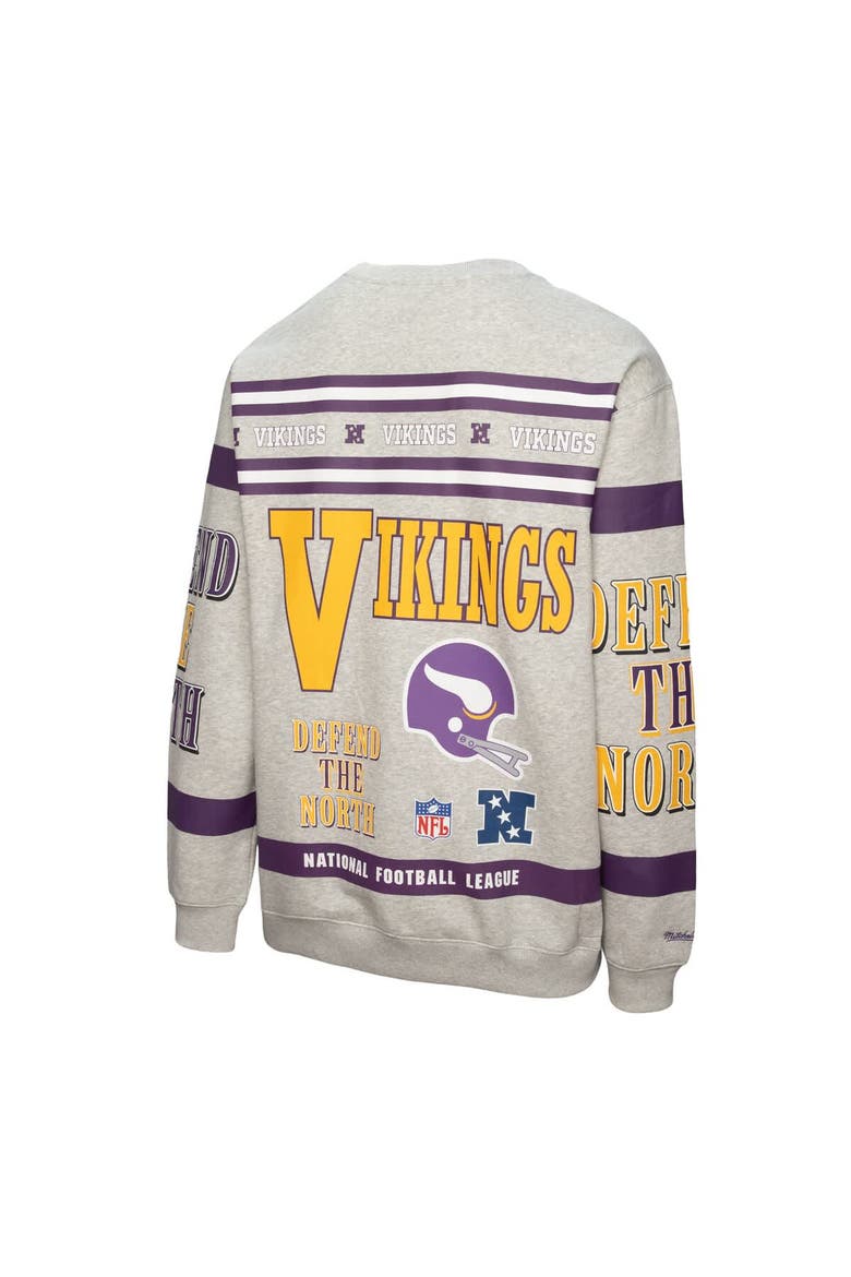 Men's Mitchell & Ness  Heather Gray Minnesota Vikings All Over Print Vintage Fleece Crewneck Sweatshirt, Alternate, color, Heather Gray
