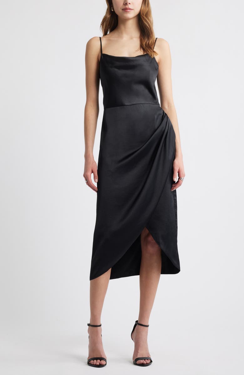 Open Edit Cowl Neck Satin Midi Dress, Main, color, Black