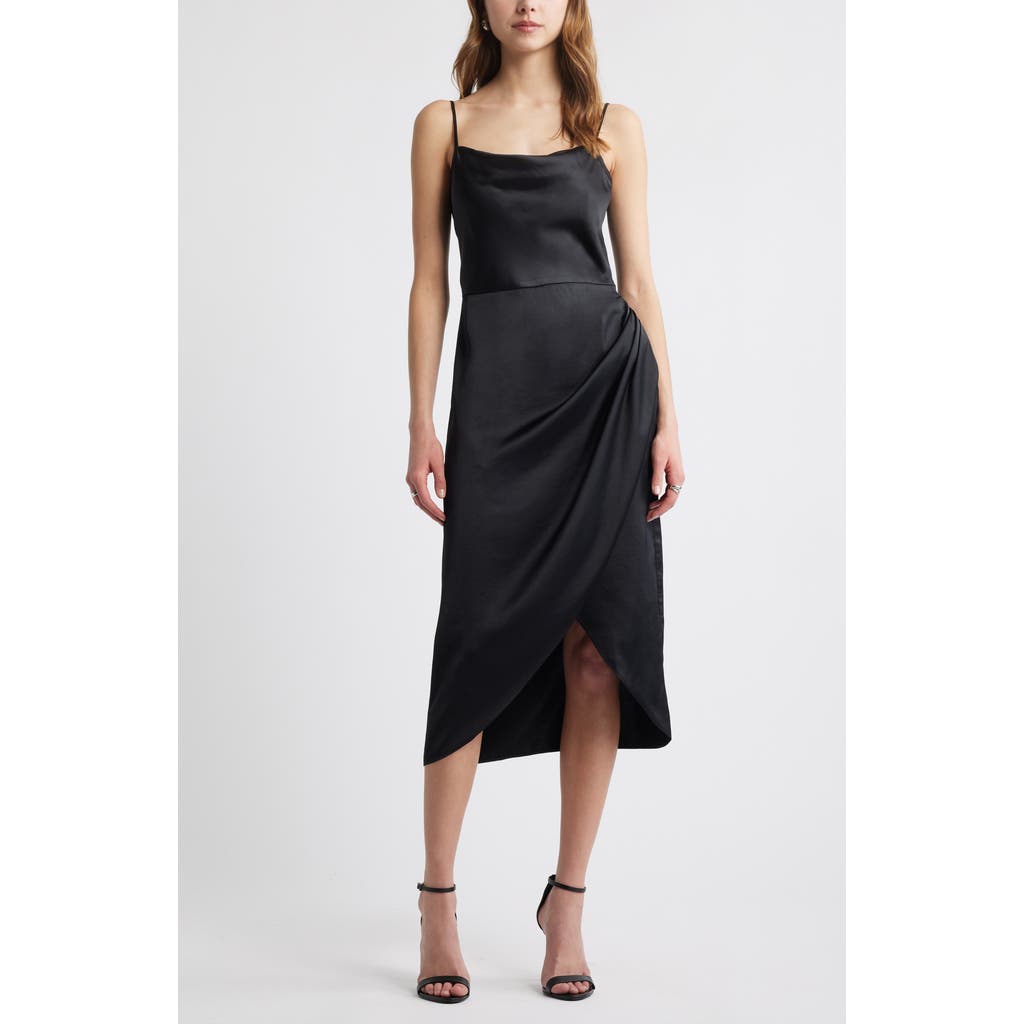 Open Edit Cowl Neck Satin Midi Dress In Black