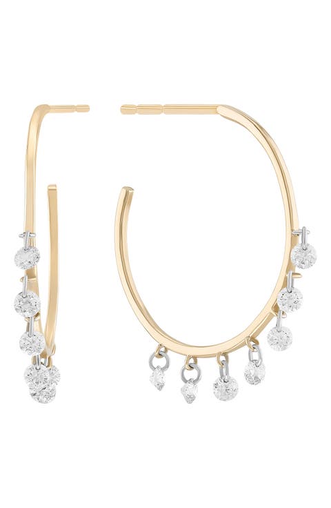 14K Gold Floating Diamond Fringe Hoop Earrings