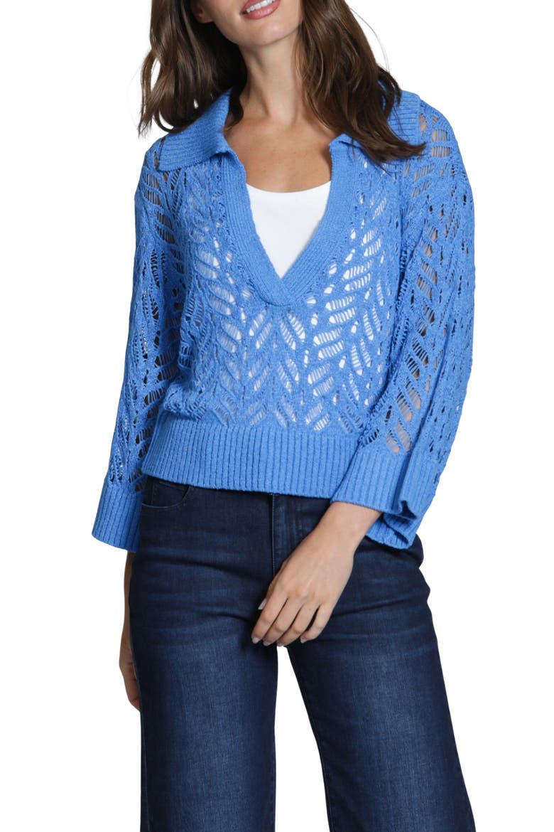 Leafy Open Knit Polo Sweater, Main, color, COBALT BLUE