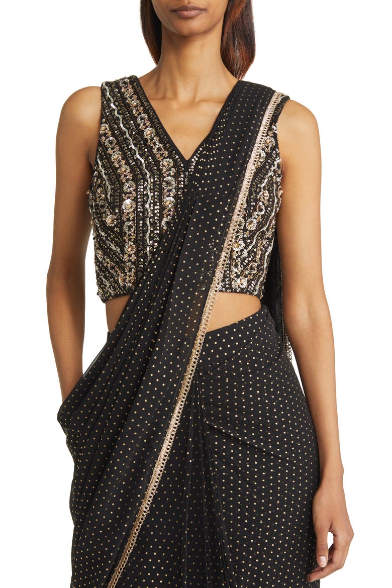 Zian Drape Saree, Alternate, color, BLACK