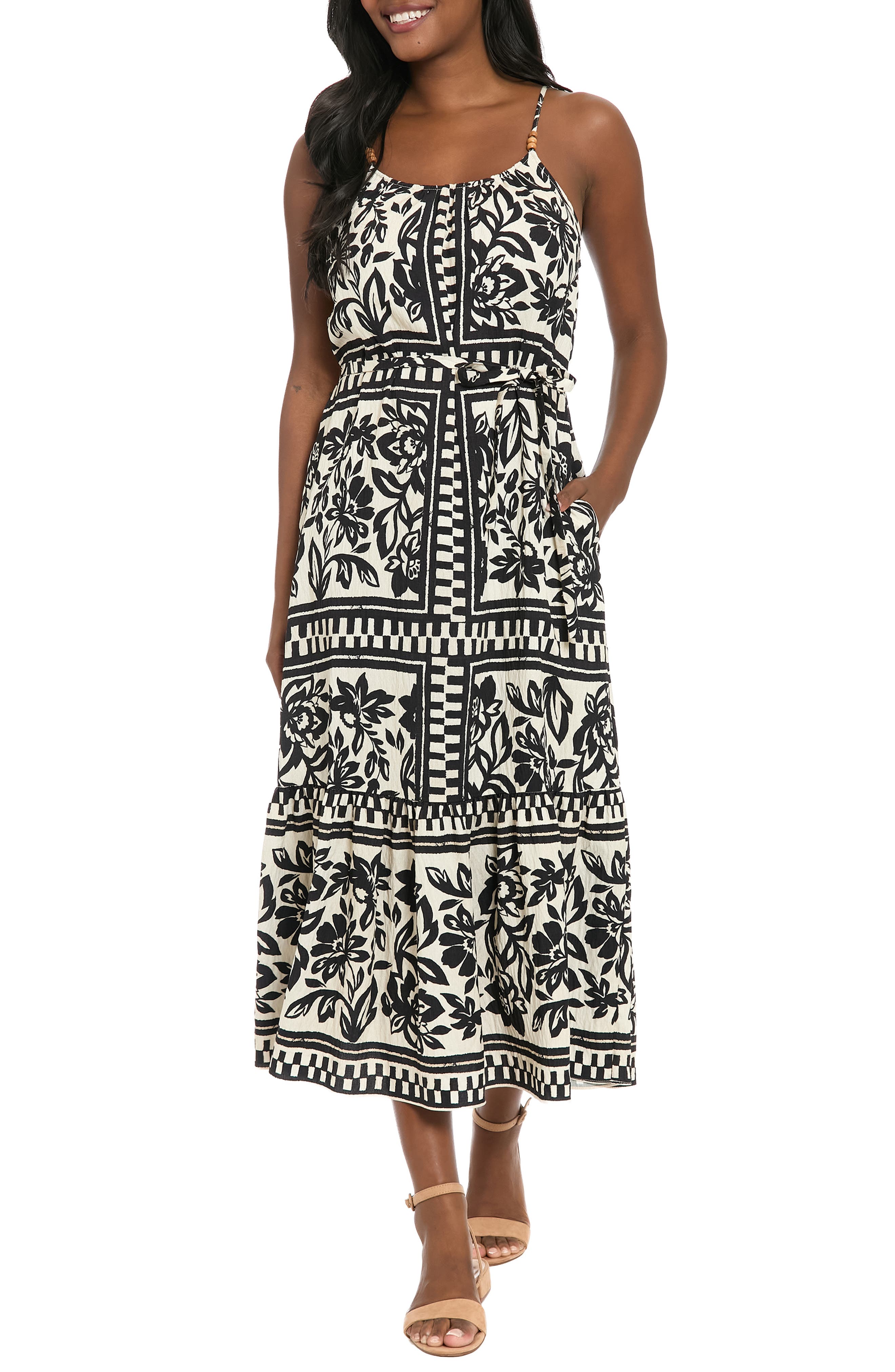 London Times Floral Beaded Strap Tiered Maxi Dress