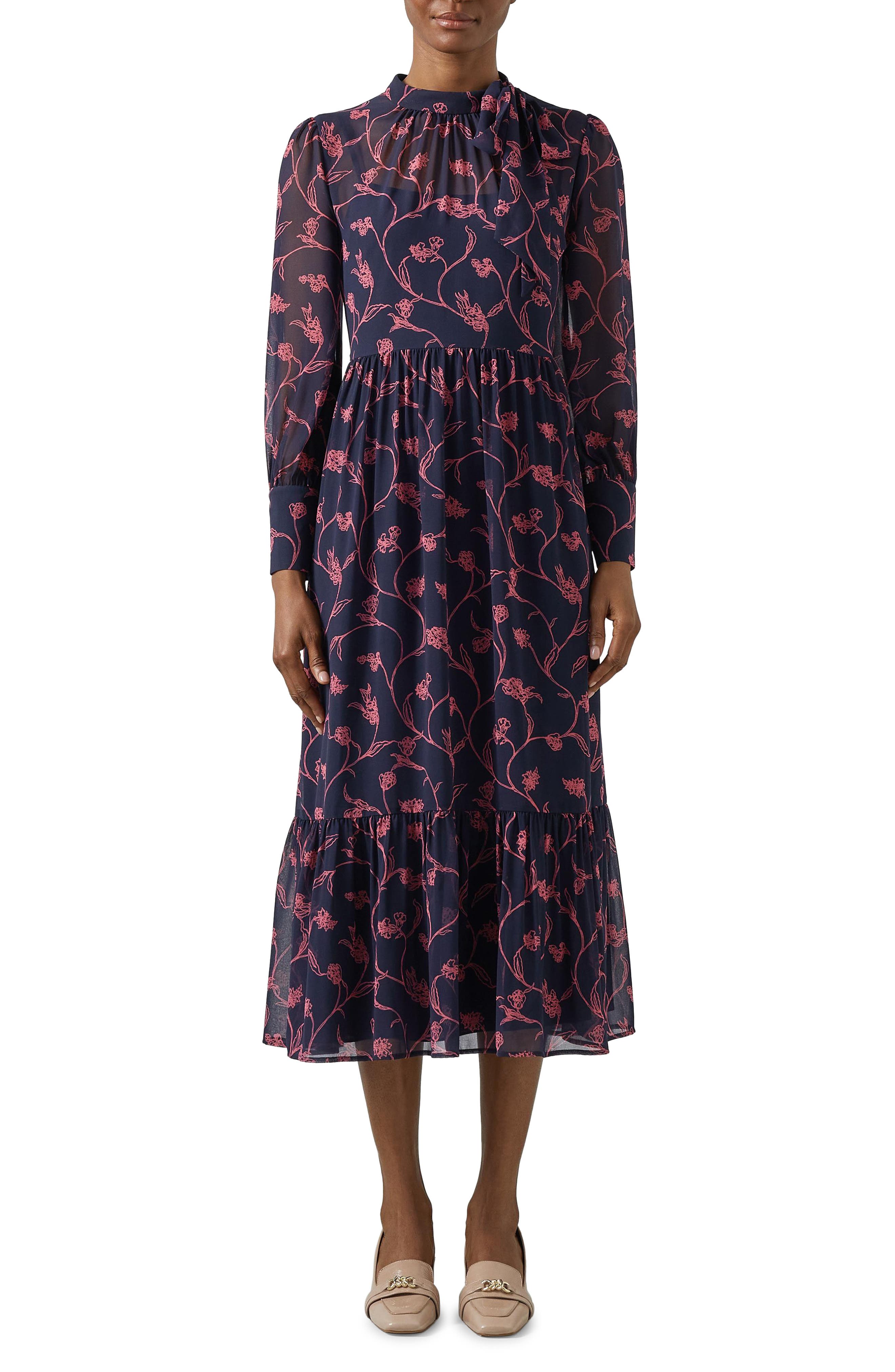 LK Bennett Selina Floral Long Sleeve Georgette Midi Dress in Navy 