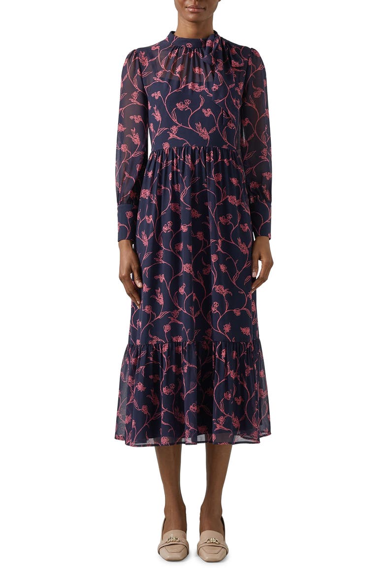 Selina Floral Long Sleeve Georgette Midi Dress, Main, color, NAVY