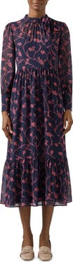 LK Bennett Selina Floral Long Sleeve Georgette Midi Dress