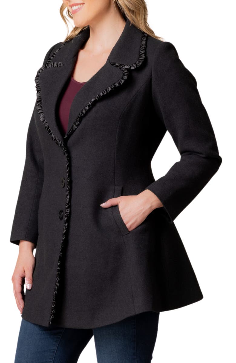 Kiyonna Juliette Satin Trim Princess Seam Coat, Alternate, color, Black Noir
