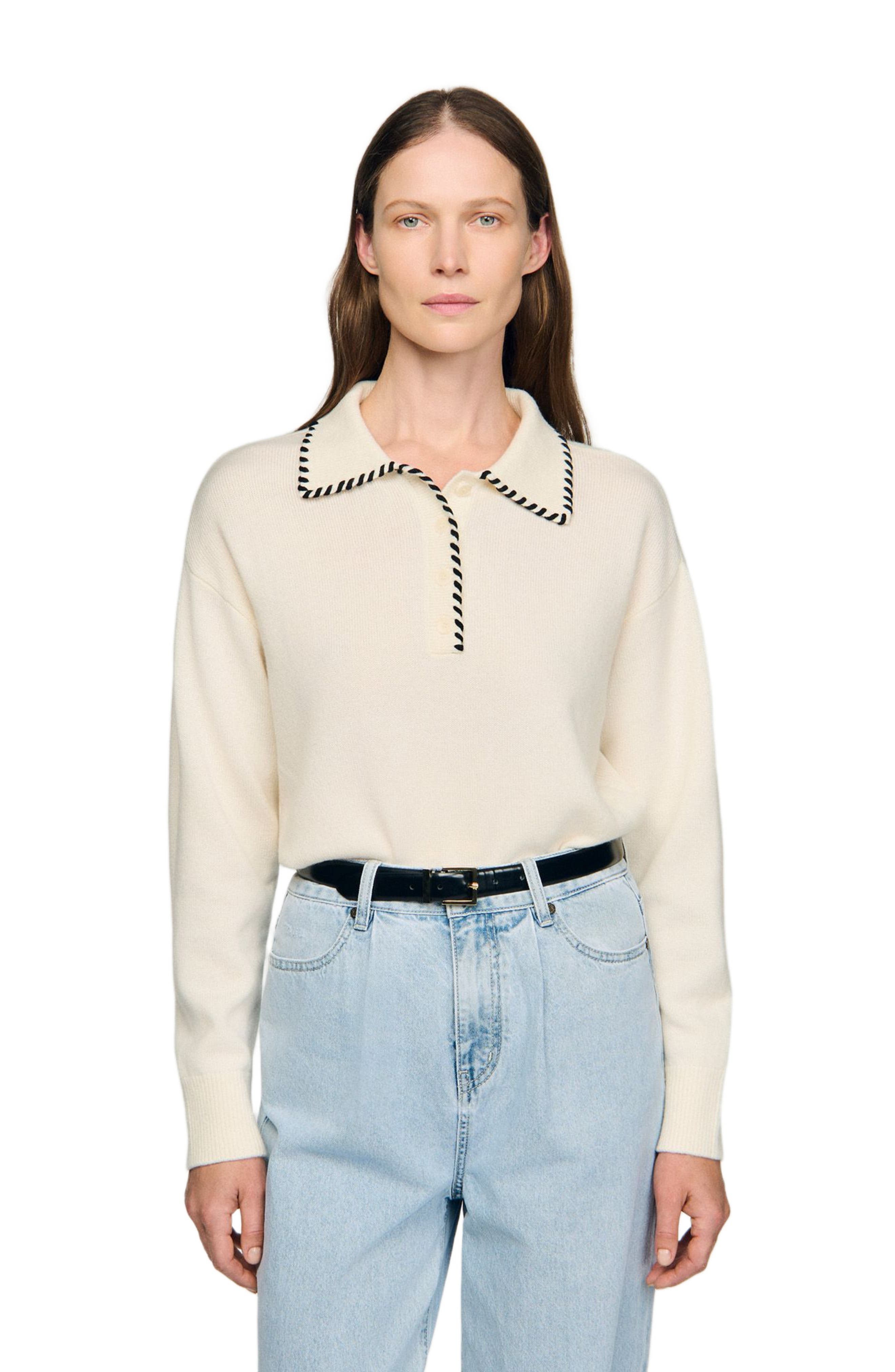 Sandro Contrast Polo-neck Knit Sweater In Neutral