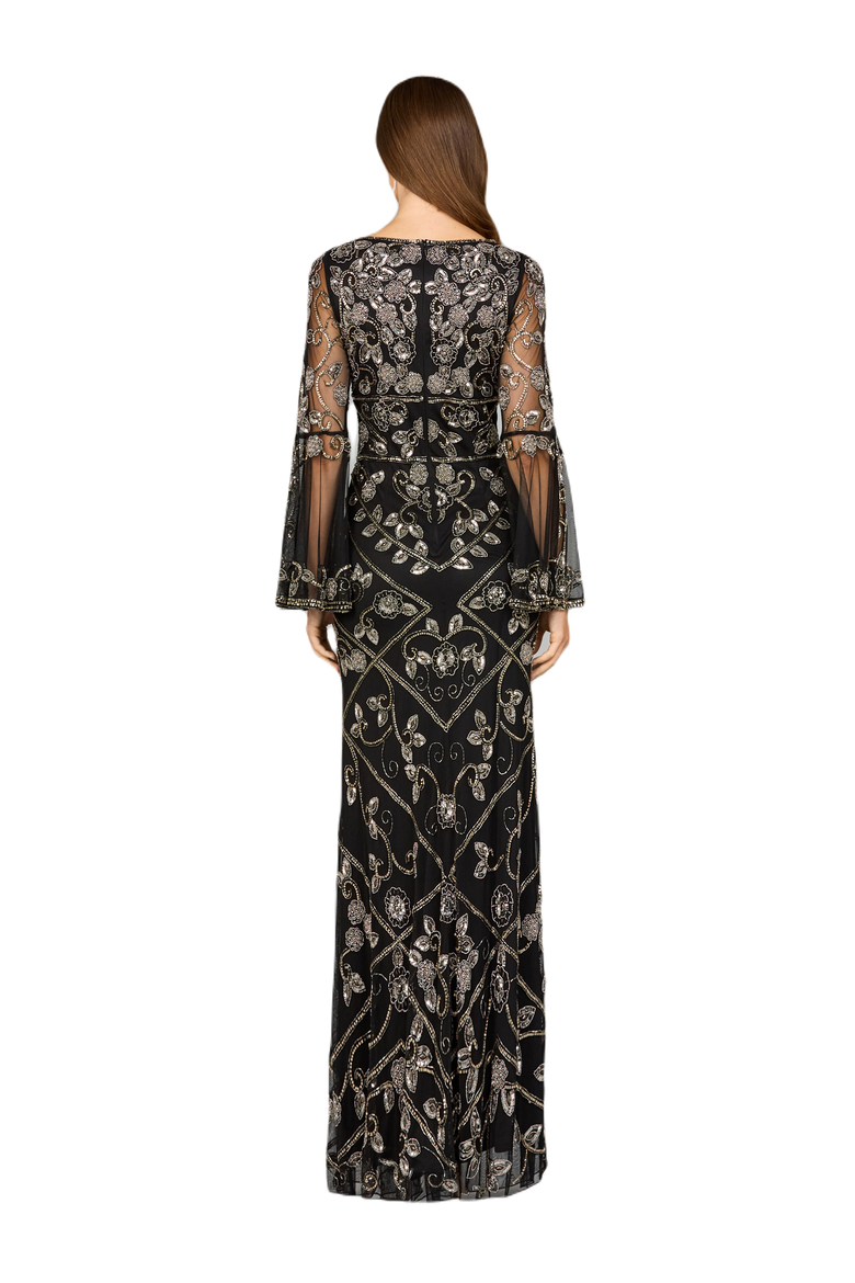 Bell Sleeved High Neck Beaded Gown, Alternate, color, Black