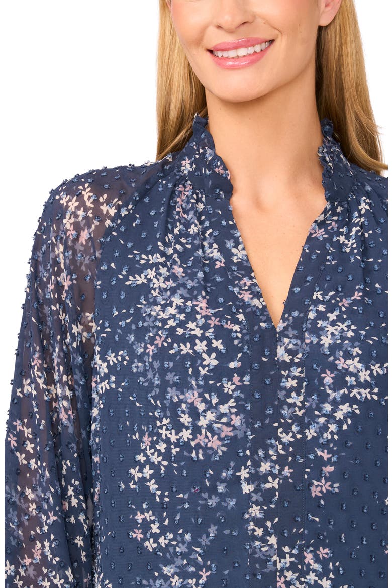 Floral Clip Dot Ruffle V-Neck Top, Alternate, color, BLUE HAZE