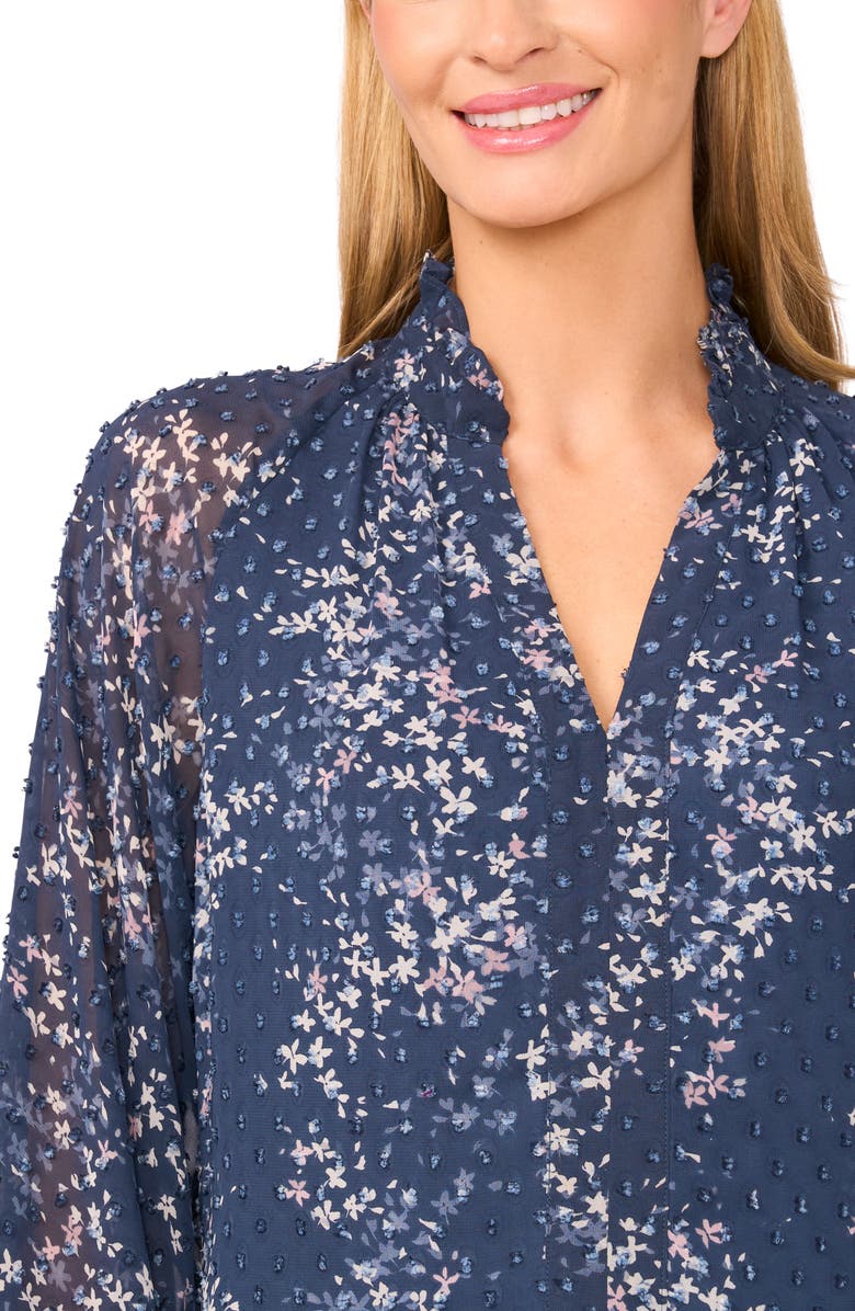 CeCe Floral Clip Dot Ruffle V-Neck Top, Alternate, color, Blue Haze