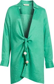 Elan Tie Front Long Sleeve Linen Cover-Up