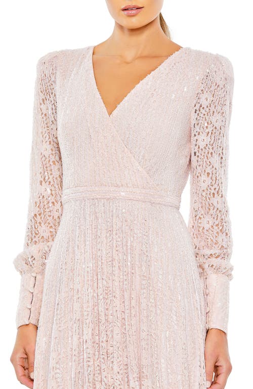 Mac Duggal Beaded Lace Long Sleeve Wrap Over Gown In Light Rose In Light Rose